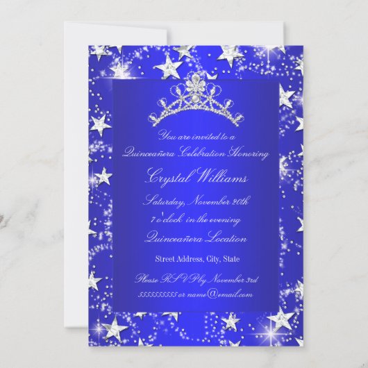 Royal Blue Dress Sparkle Tiara Stars Quinceanera Kaart (Achterkant)