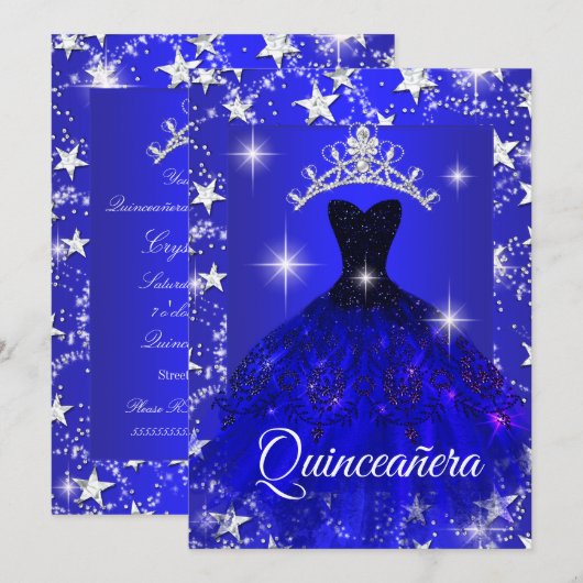 Royal Blue Dress Sparkle Tiara Stars Quinceanera Kaart (Voorkant / Achterkant)