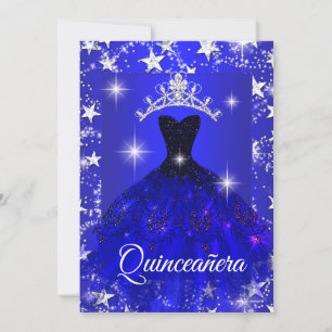 Royal Blue Dress Sparkle Tiara Stars Quinceanera Kaart