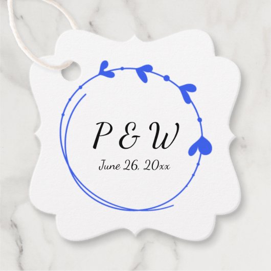 Royal Blue Eenvoudige Hart Krans Monogram Huwelijk Bedankjes Labels (Voorkant)