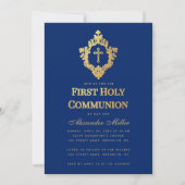 Royal Blue Eerste Communie Faux Gold Cross Crest Kaart (Voorkant)