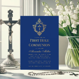 Royal Blue Eerste Communie Faux Gold Cross Crest Kaart