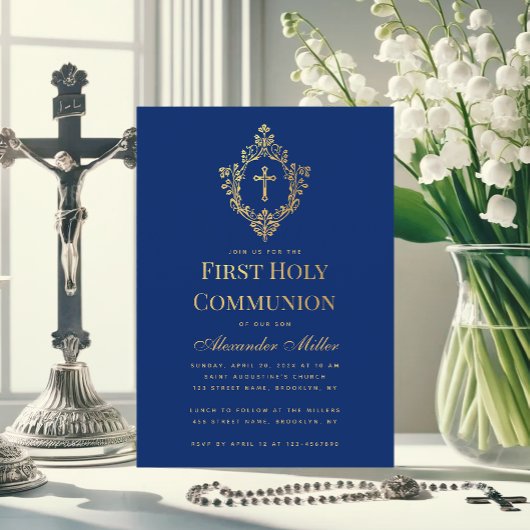Royal Blue Eerste Communie Faux Gold Cross Crest Kaart
