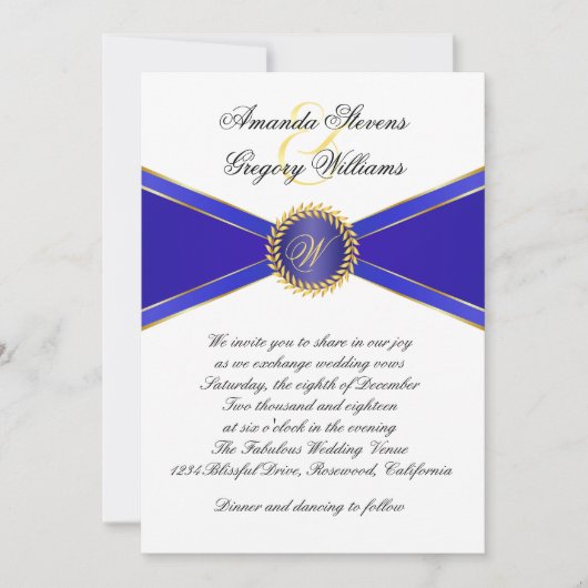 Royal Blue Elegance Monogram Huwelijk Kaart (Voorkant)