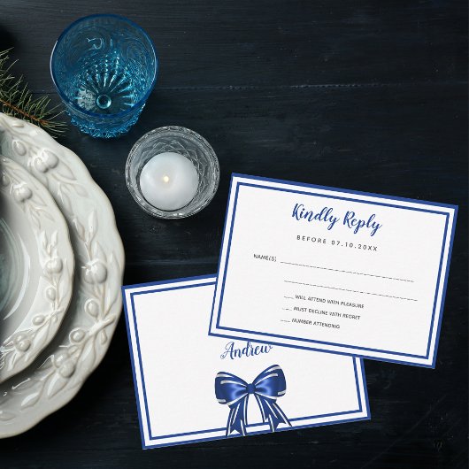 Royal blue elegant bow RSVP Notitiekaartje