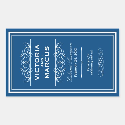 Royal Blue Elegant Bruiloft Monogram Wijnfles Rechthoekige Sticker (Voorkant)