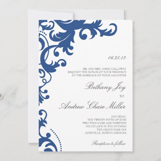 Royal Blue Elegant Damask Wedding Uitnodiging (Voorkant)