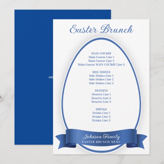 Royal Blue Elegant Eenvoudig Paasei Brunch Diner Menu (Voorkant / Achterkant)