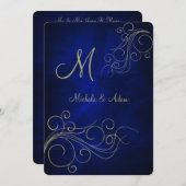 Royal Blue Elegant Gold Monogram Swirl Kaart (Voorkant / Achterkant)