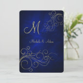 Royal Blue Elegant Gold Monogram Swirl Kaart (Staand voorkant)