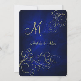 Royal Blue Elegant Gold Monogram Swirl Kaart