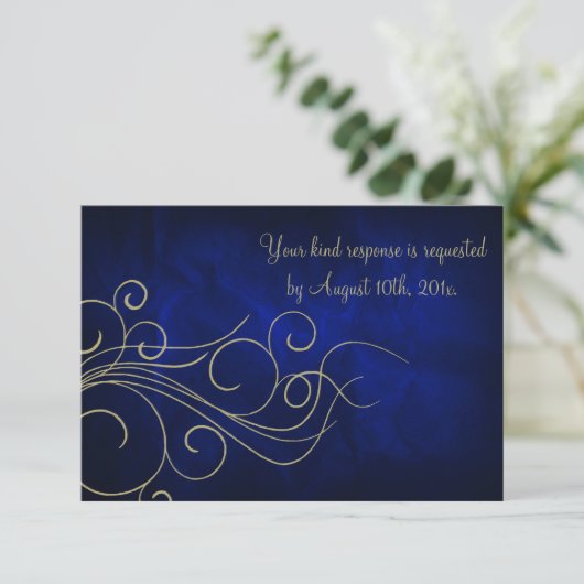 Royal Blue Elegant Gold Wedding RSVP Kaartje (Staand voorkant)