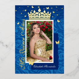 Royal Blue Elegant Photo Quinceañera Gold Folie Uitnodiging