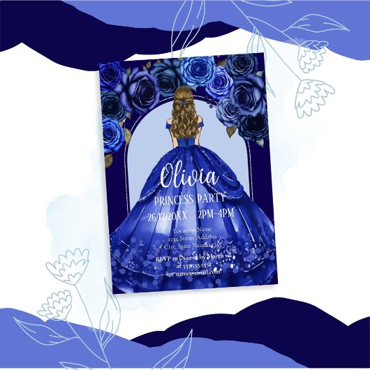 Royal Blue Elegant Quinceañera Princess Party Kaart