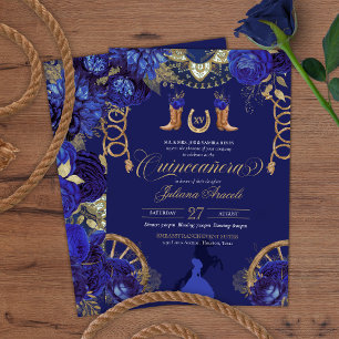 Royal Blue Elegant Rozen + Gold Charro Quinceanera Kaart