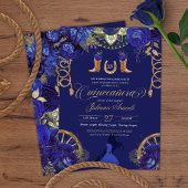 Royal Blue Elegant Rozen + Gold Charro Quinceanera Kaart