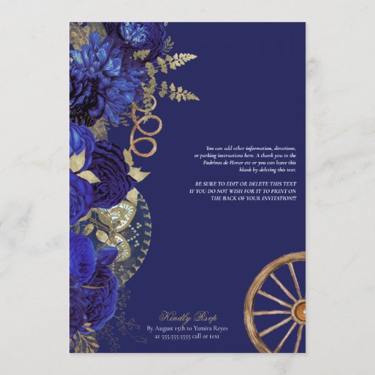 Royal Blue Elegant Rozen + Gold Charro Quinceanera Kaart (Achterkant)