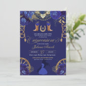 Royal Blue Elegant Rozen + Gold Charro Quinceanera Kaart (Staand voorkant)