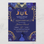 Royal Blue Elegant Rozen + Gold Charro Quinceanera Kaart (Voorkant)