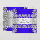 Royal Blue Elegant Silver Floral Birthday Party Kaart (Voorkant / Achterkant)