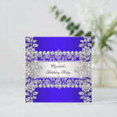 Royal Blue Elegant Silver Floral Birthday Party Kaart (Staand voorkant)