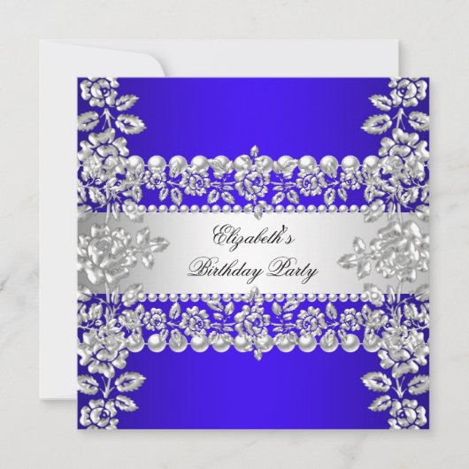 Royal Blue Elegant Silver Floral Birthday Party Kaart (Voorkant)