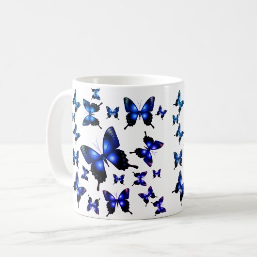 Royal Blue Elegant Whimsical Butterflies Koffiemok (Voorkant links)