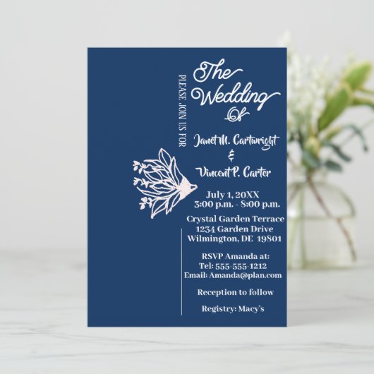 Royal Blue Elegant White Flower Wedding Kaart (Staand voorkant)