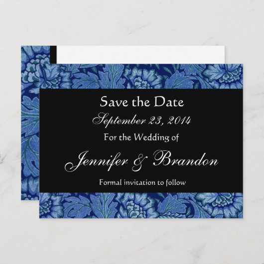 Royal Blue en Black Damask Save The Date Briefkaar Aankondigingskaart (Voorkant / Achterkant)