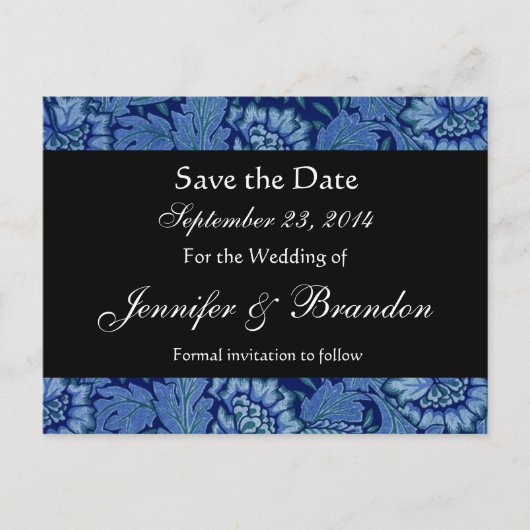 Royal Blue en Black Damask Save The Date Briefkaar Aankondigingskaart (Voorkant)
