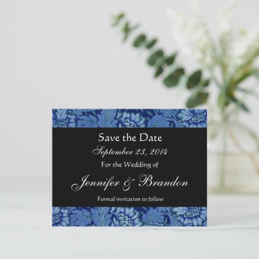 Royal Blue en Black Damask Save The Date Briefkaar Aankondigingskaart (Staand voorkant)