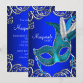 Royal Blue en Blauwgroen Blue Masquerade Party Kaart (Voorkant / Achterkant)