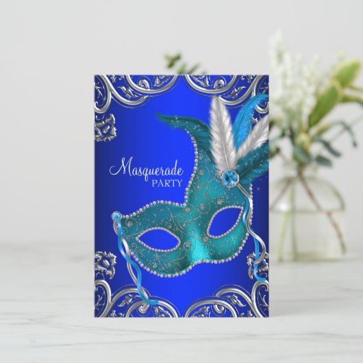 Royal Blue en Blauwgroen Blue Masquerade Party Kaart (Staand voorkant)