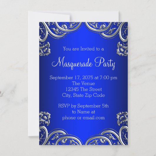 Royal Blue en Blauwgroen Blue Masquerade Party Kaart (Achterkant)