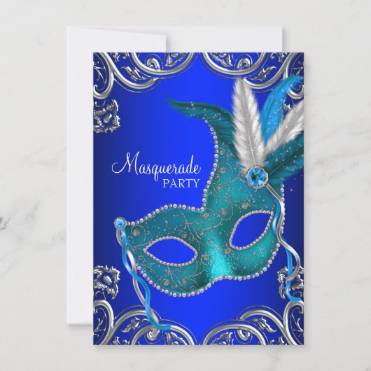Royal Blue en Blauwgroen Blue Masquerade Party Kaart (Voorkant)
