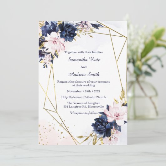 Royal Blue en Blush bruiloft Sjabloon Kaart (Staand voorkant)