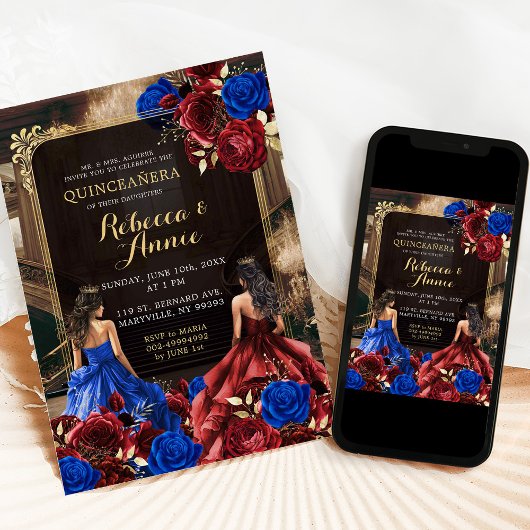 Royal Blue en Bourgondië Red Floral Royal 15 Años Kaart