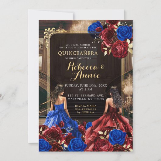 Royal Blue en Bourgondië Red Floral Royal 15 Años Kaart (Voorkant)