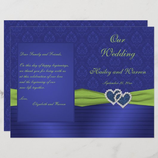 Royal Blue en Chartreuse Damask Wedding Programme (Voorkant / Achterkant)