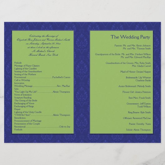 Royal Blue en Chartreuse Damask Wedding Programme (Achterkant)