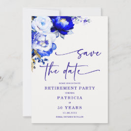 Royal Blue en Dusty Blue Retirement Save the Date Kaart