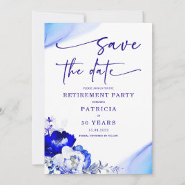 Royal Blue en Dusty Blue Retirement Save the Date Kaart