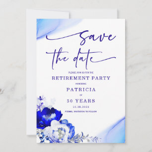 Royal Blue en Dusty Blue Retirement Save the Date Kaart