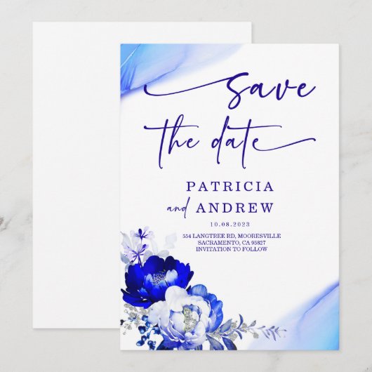 Royal Blue en Dusty Blue Rozen Save the Date Kaart (Voorkant / Achterkant)