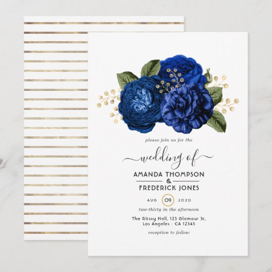 Royal Blue en Faux Folie Gold Floral Wedding Kaart (Voorkant / Achterkant)