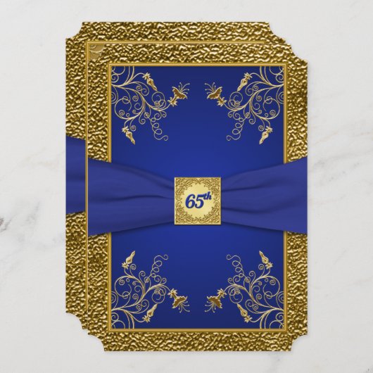 Royal Blue en Gold 65th Birthday Invitation Kaart (Voorkant / Achterkant)