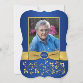 Royal Blue en Gold 65th Photo Birthday Invitation Kaart