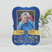 Royal Blue en Gold 65th Photo Birthday Invitation Kaart (Staand voorkant)