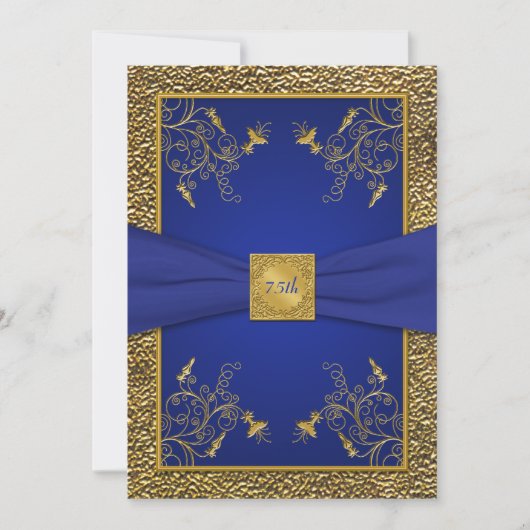 Royal Blue en Gold 75th Birthday Invitation Kaart (Voorkant)