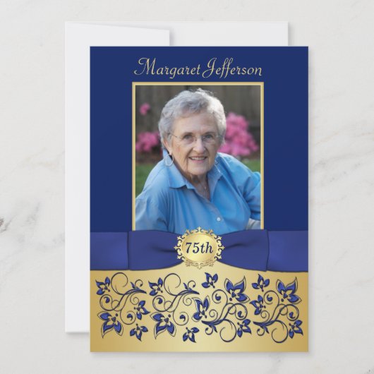 Royal Blue en Gold 75th Photo Birthday Invitation Kaart (Voorkant)
